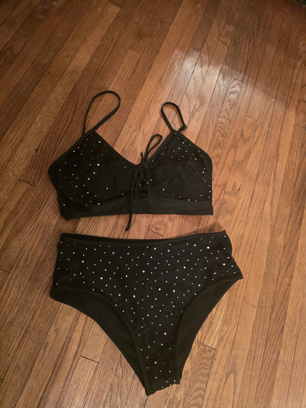SHEIN Black Rhinestone Two-Piece High-Waist Bikini